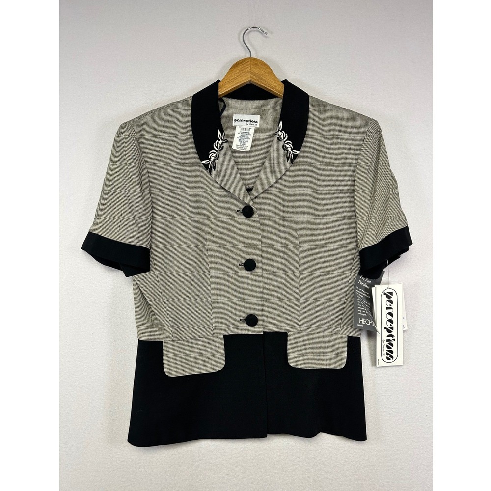 Vintage 90s Perceptions Womens 12 Black Oat Houndstooth Embroidered Blazer NWT